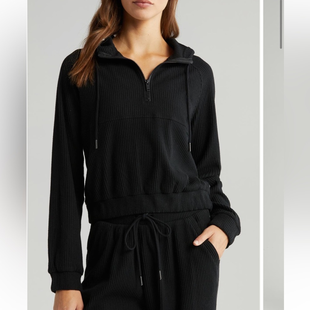 ZELLA: Women’s Black Cozy Rib Half-Zip Hoodie Sweatshirt